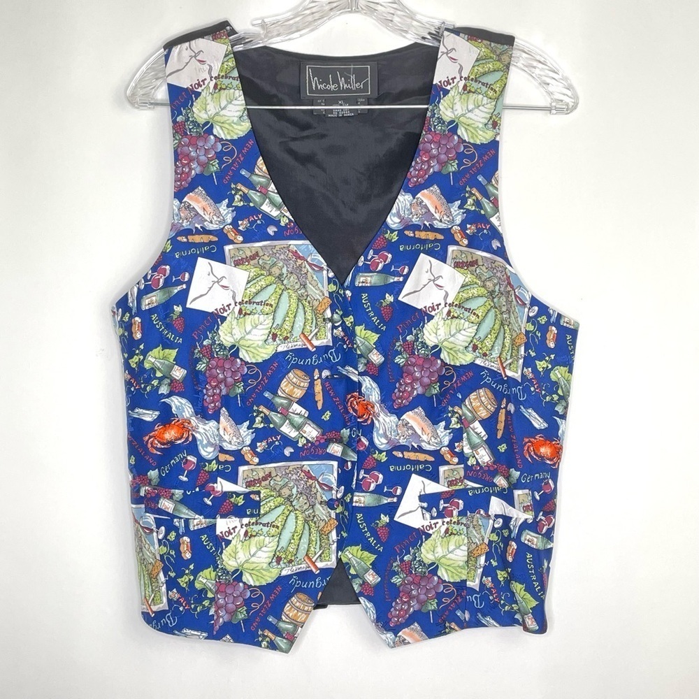 Vintage 90s Nicole Miller Charcuterie Wine Novelty Vest 100% Silk Sz XL